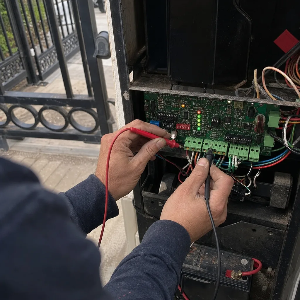 Technician performing electric gate control board repair and diagnostic testing