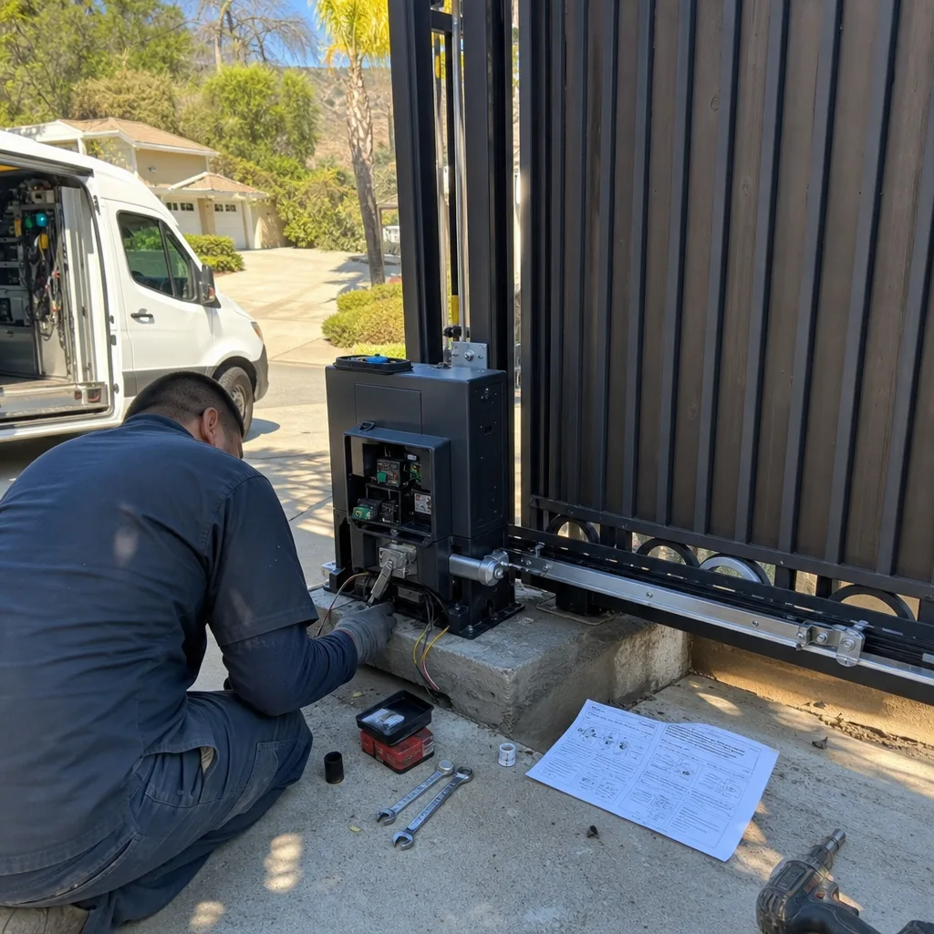 Technician performing professional electric sliding gate repair and motor maintenance