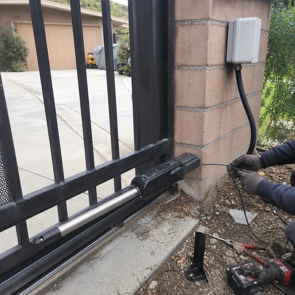 Technician performing professional electric gate repair and maintenance
