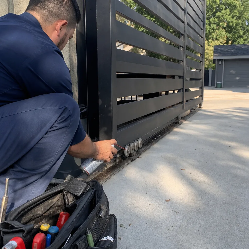 Technician performing professional sliding gate motor repair and maintenance