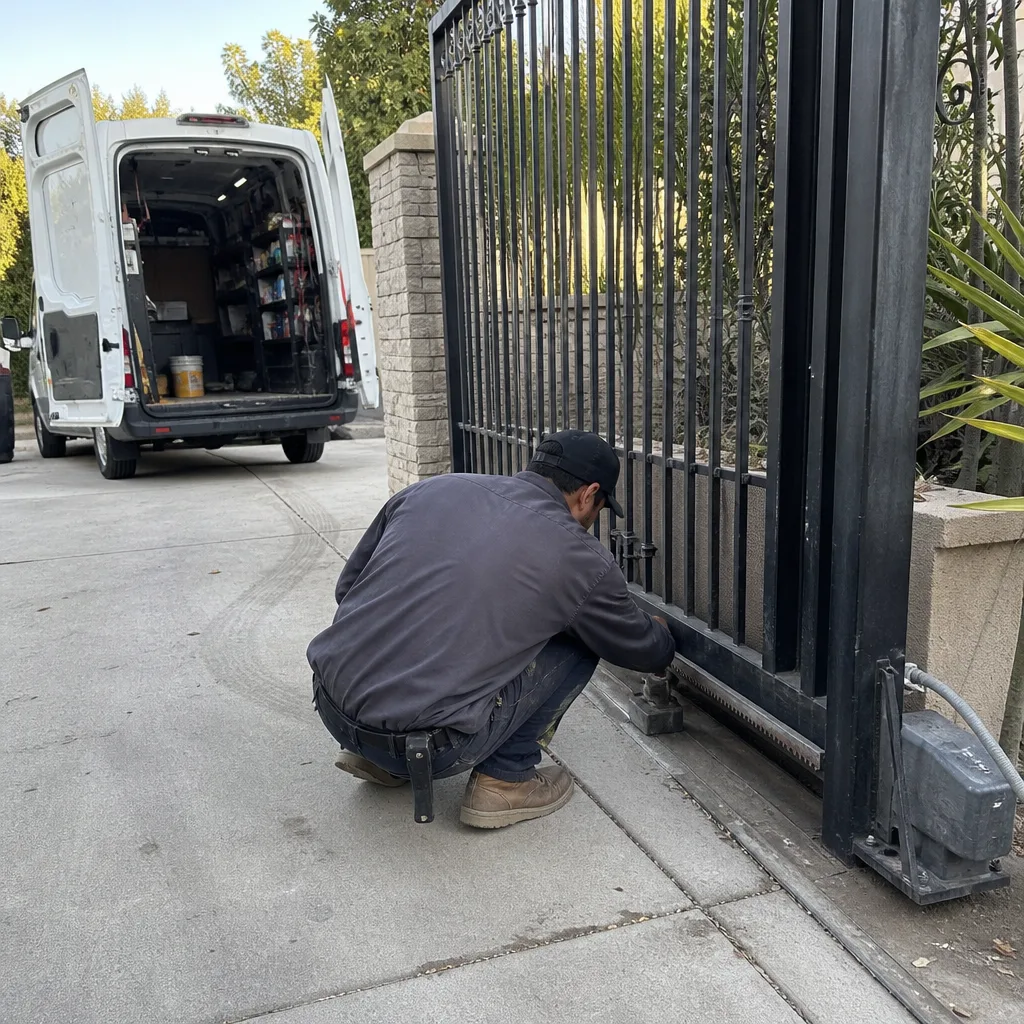 Technician performing automatic gate motor repair on a sliding metal gate.
