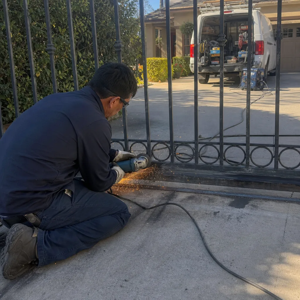Technician using an angle grinder to perform professional gate repair